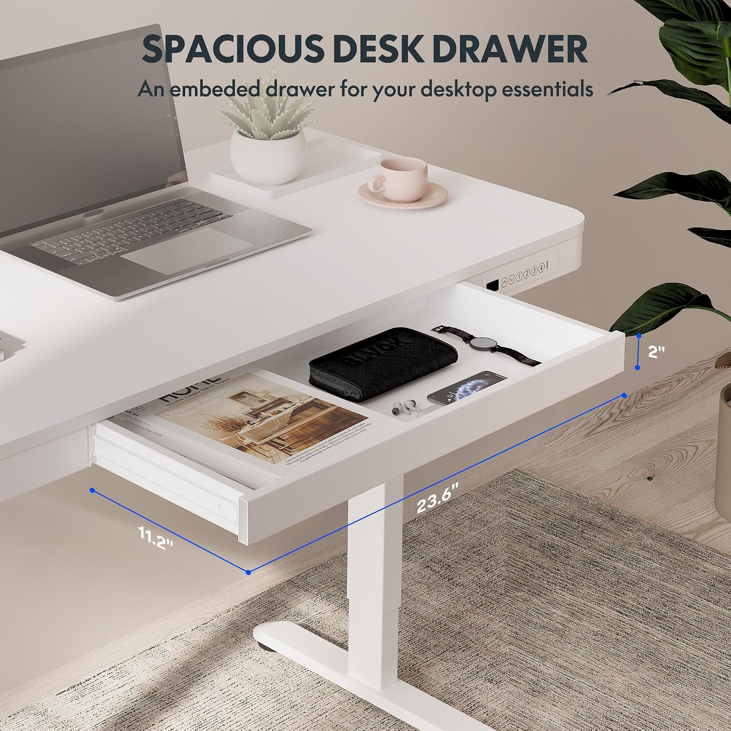 FLEXISPOT Comhar Electric Standing Desk with Drawers Charging USB A to C Port, Height Adjustable 48' Whole-Piece Home Office Computer Laptop Table with Storage (White Top + Frame)