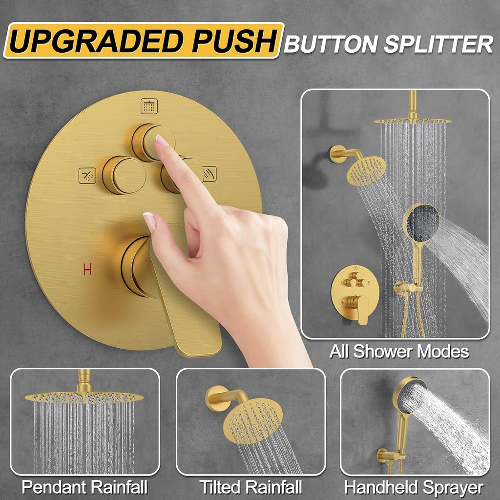 Shower Faucet Set, High Pressure Rainfall Shower Head with Handheld Spray Combo, 12 inch Ceiling Shower System, Brushed Gold Shower Head (12' Brushed Gold)