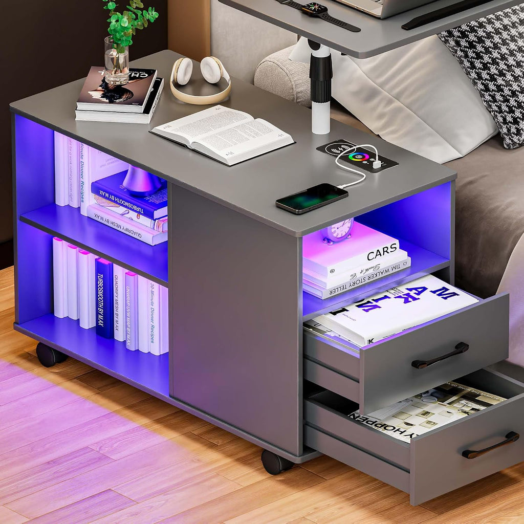Gurexl Height Adjustable Nightstand with Laptop Tray, LED Bedside Tables with Charging Station, Modern Night Stand Side Table with Human Body Induction (Grey)