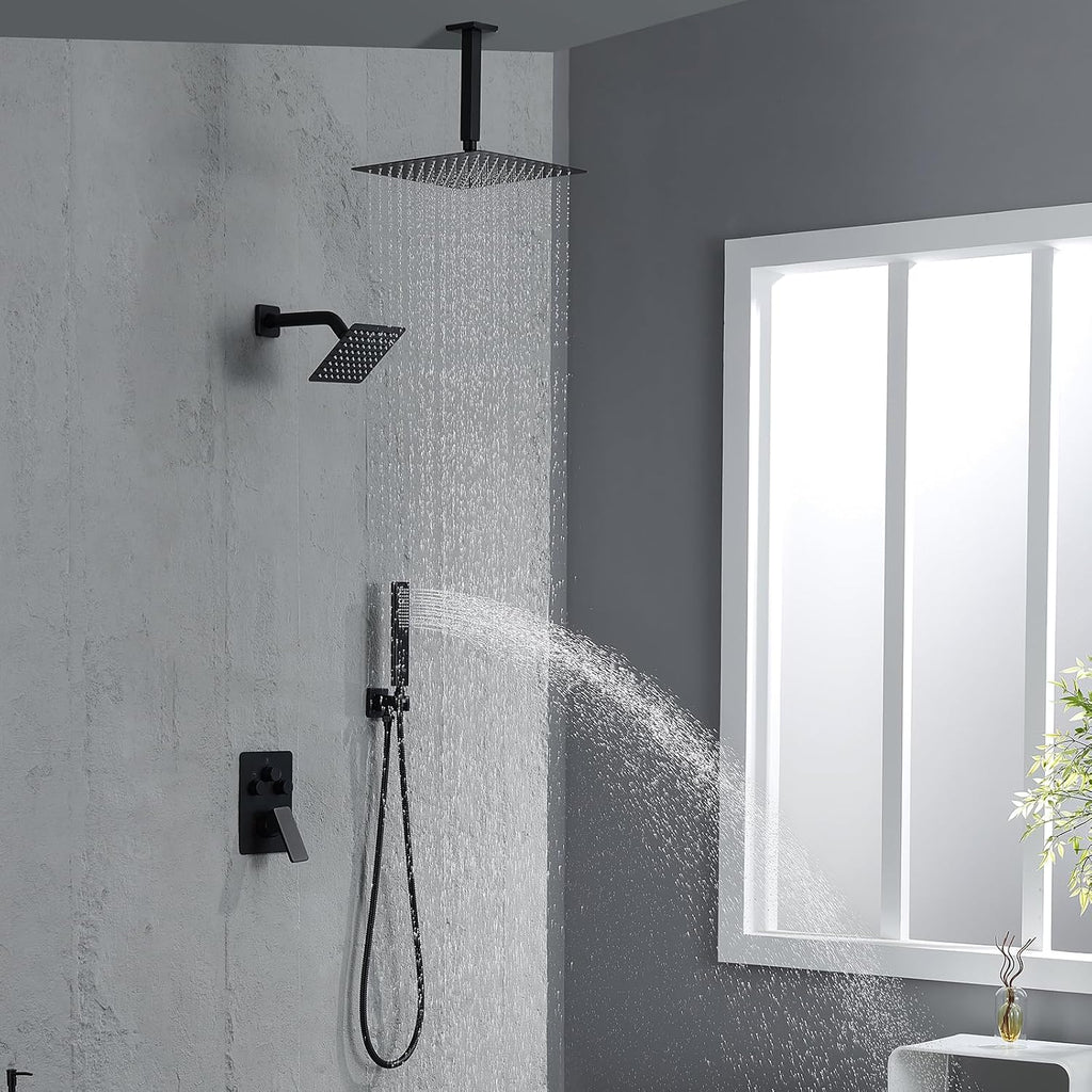 Shower Faucet Set, Matte Black Shower System with Rain Shower and Handheld Bathroom Rainfall Ceiling 12 Inch Shower Set with Valve