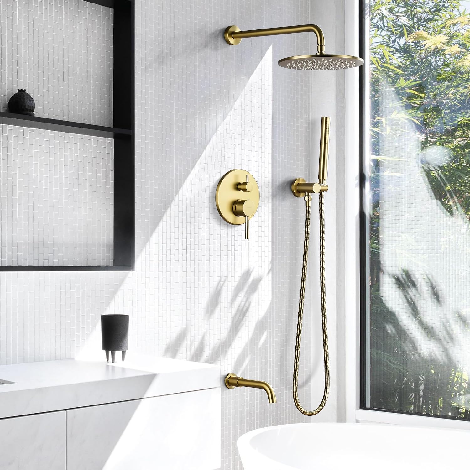 Shower System with Tub Spout, 3 Functions 10' Round Wall Mounted Rain Shower System, High-Pressure Rain Shower Head with 2 Modes Handheld Spray, Brushed Gold Shower Systems