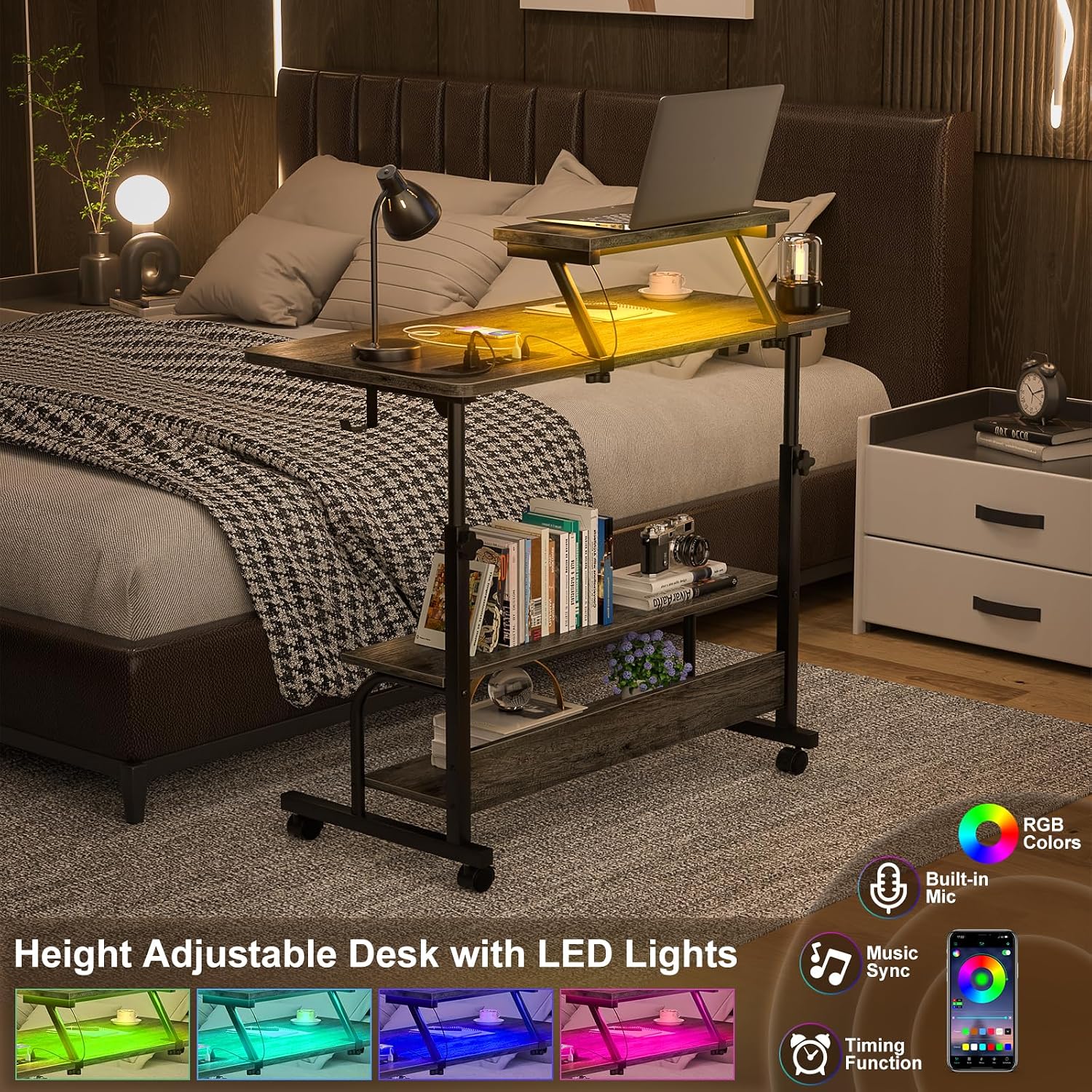 Height Adjustable Standing Desk with Power Outlets and LED Lights - 32' Manual Stand Up Desk with Monitor Stand and Storage Shelves Small Mobile Rolling Computer Desk Portable Laptop Table, Grey Oak