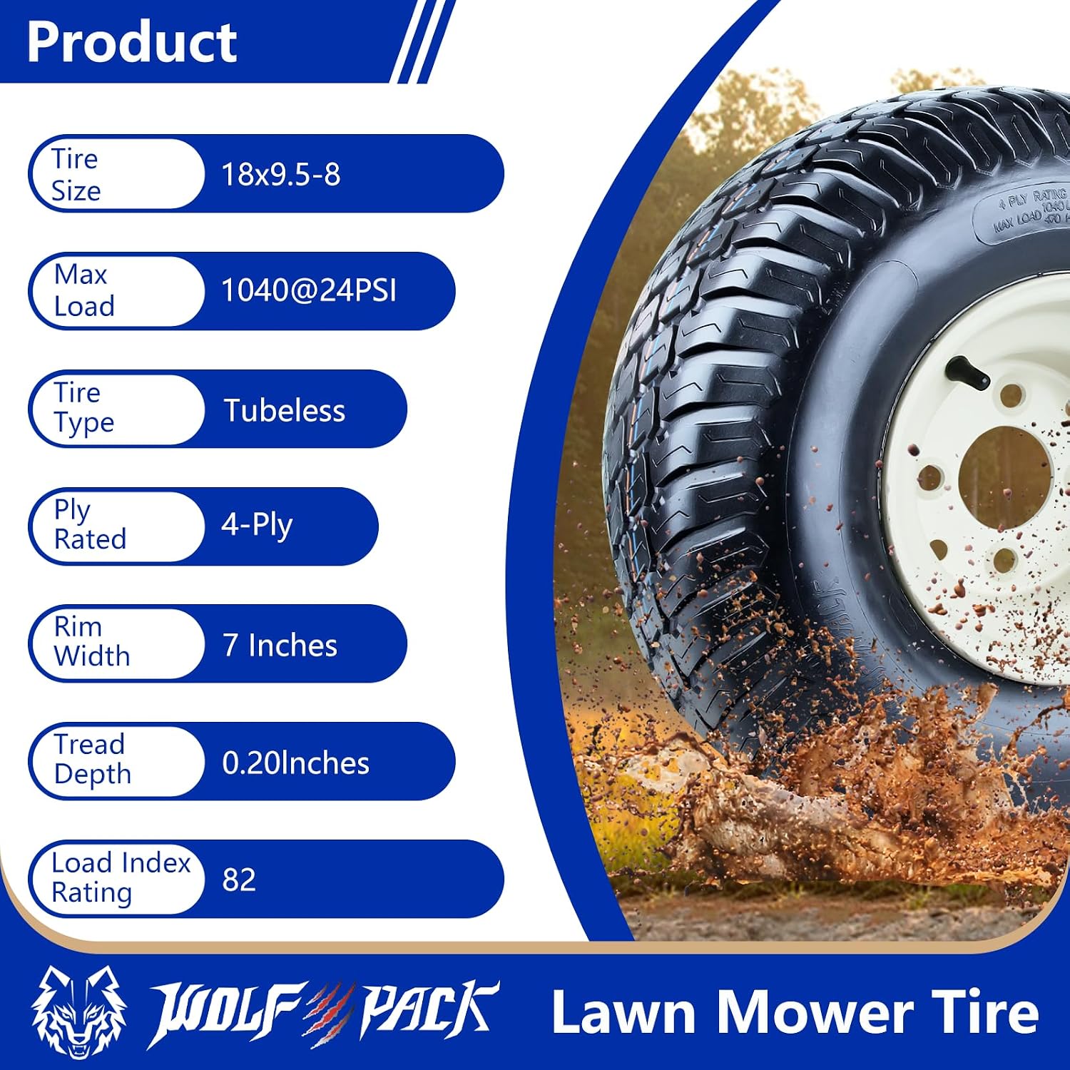 18x9.50-8 Lawn Mower Tire and Wheel Assembly,18x9.50-8 Riding Lawn Mower Tire with Rim, 4 Lug 8'x 7' Wheel, 2.52 Central Hole, 4Ply,1040lbs, Set of 2
