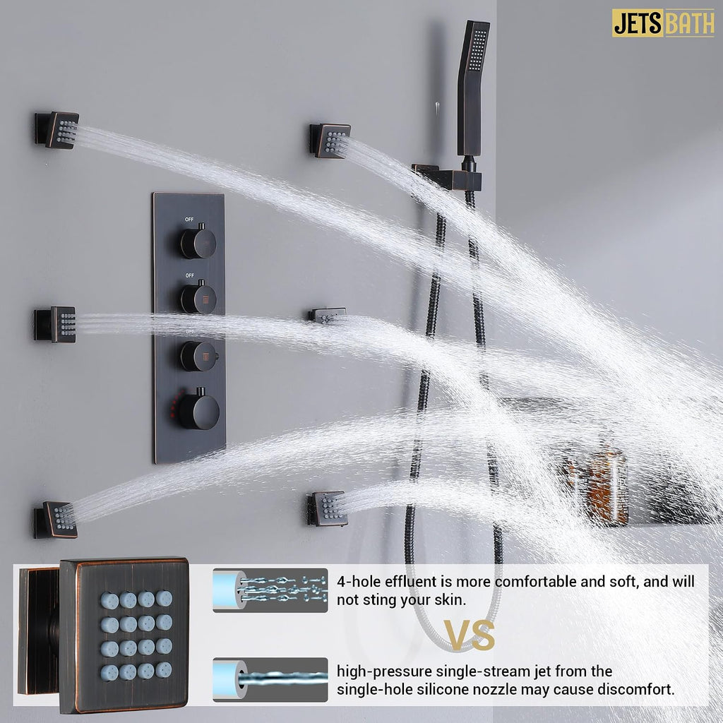 16' Thermostatic Rain Shower System with 6 Body Jets & 16-Inch Rainfall Shower Head, JetsBath Full Body Shower Faucet Sets with Valve & Handheld, Oil Rubbed Bronze Luxury Wall Mount Shower Faucet Set