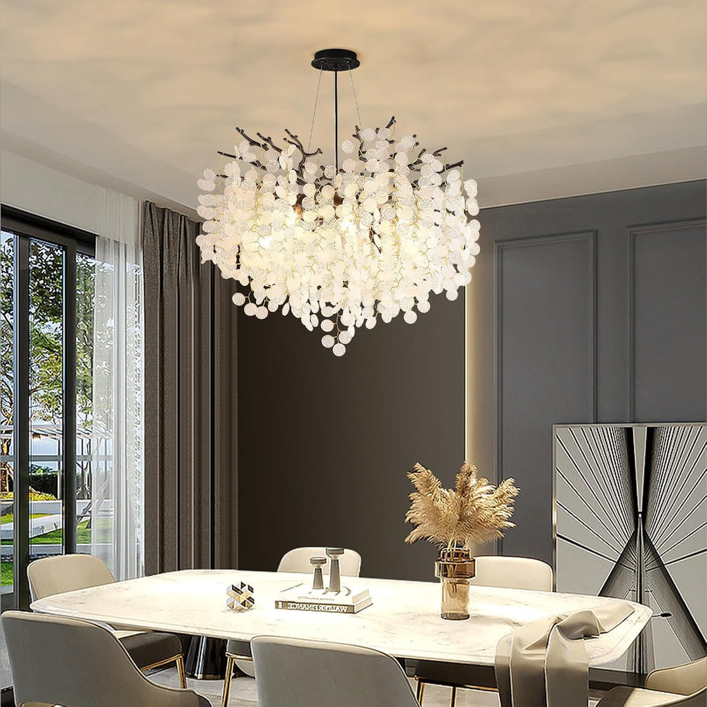 24-Inch Black Tree Branch Chandelier, 8-Light Modern Coastal Chandelier, Round Crystal Dining Room Light Fixtures for Foyer Entryway Stairwell, Bathroom Chandeliers Over Tub, E12