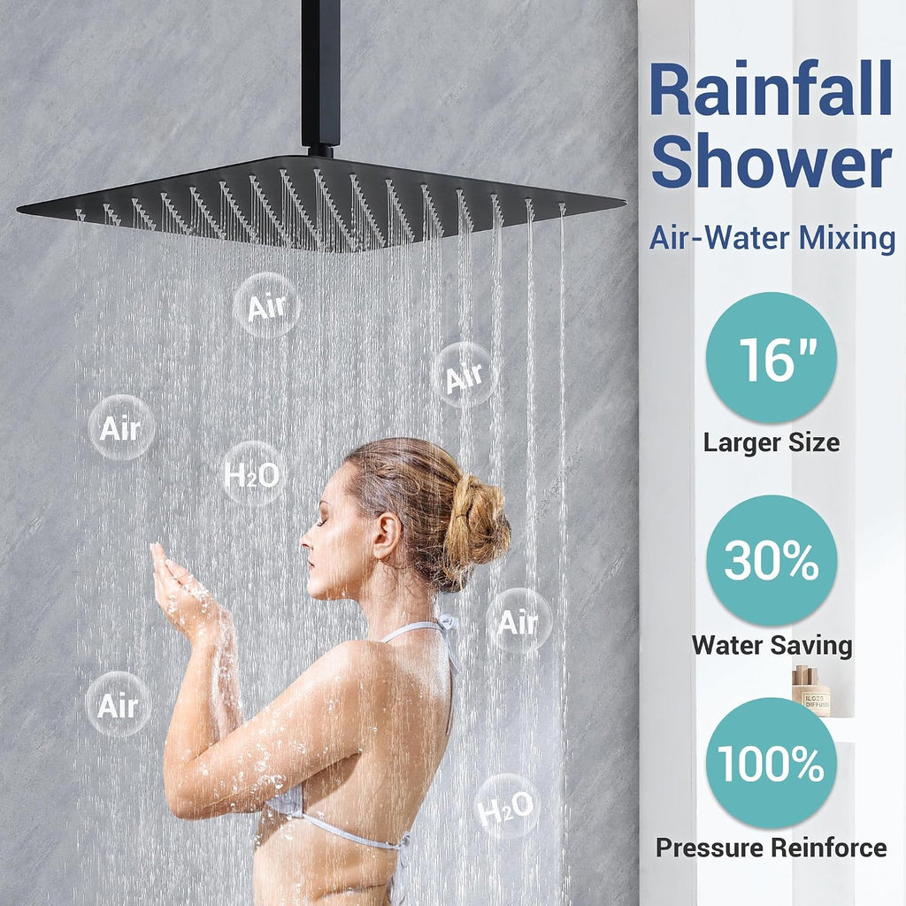 Thermostatic Shower System with 6 Body Jets & 16-Inch Ceiling Rainfall Shower Head Bathroom Luxury Matte Black Shower Faucet Set with High Pressure Handheld Sprayer, with Valve and Trim