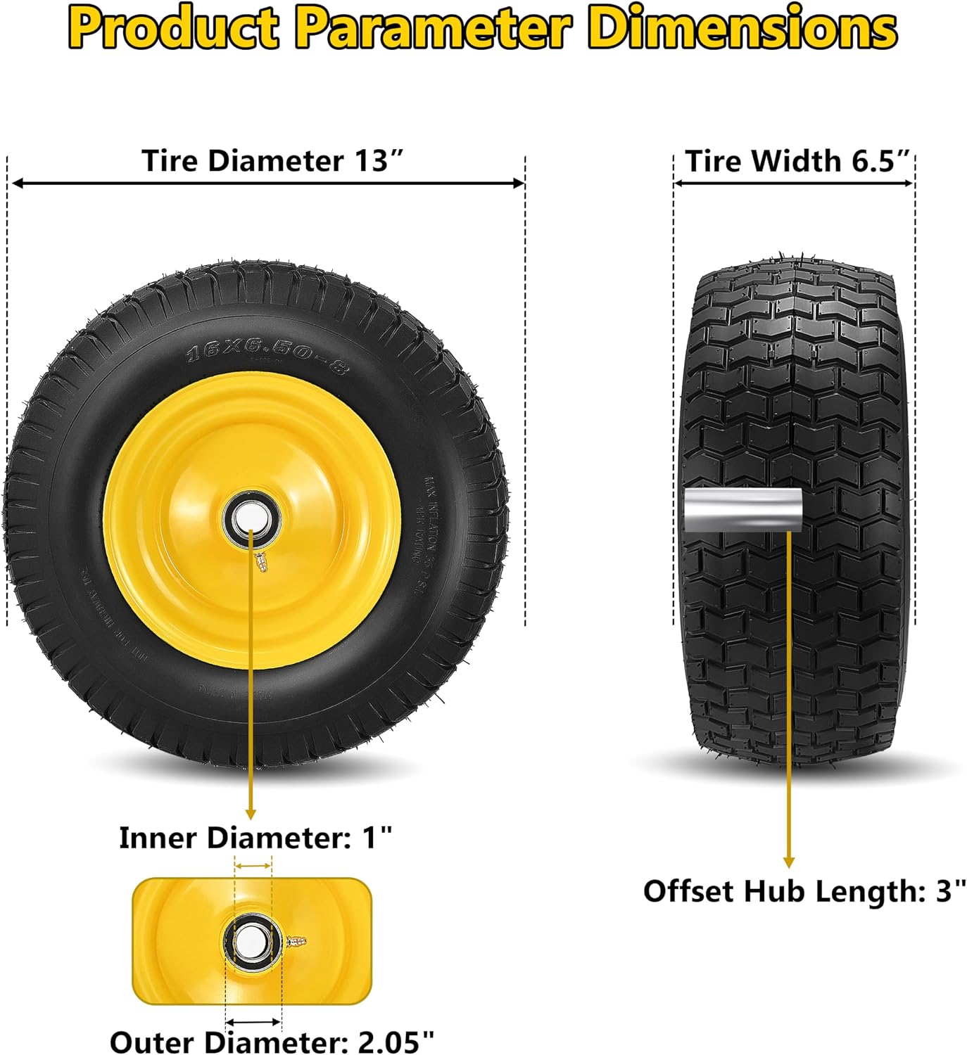 2 Pcs 16x6.50-8 Tubeless Lawn Mower Tire and Wheel, 16x6.5-8 Replacement Front Tires for Riding Mowers and Garden Tractors, with 1' Bearings & Extra 3/4' Bearings, 3' Offset Hub, 4 Ply, Yellow Rim