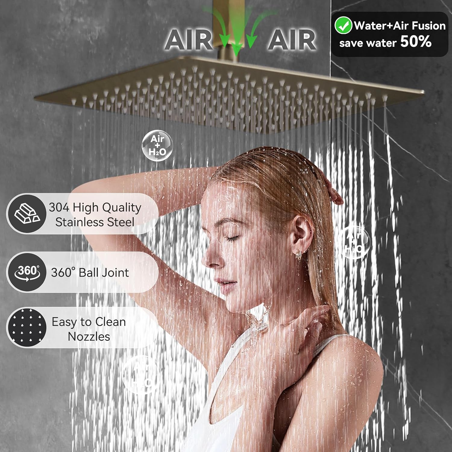 Shower System Brushed Gold Dual Shower Head with Body Jets, Oupukle Four Modes Shower Faucet Set Ceiling Mount 12' Rain Shower Head & 6' Wall Mounted Head with 6PCS Body Jets