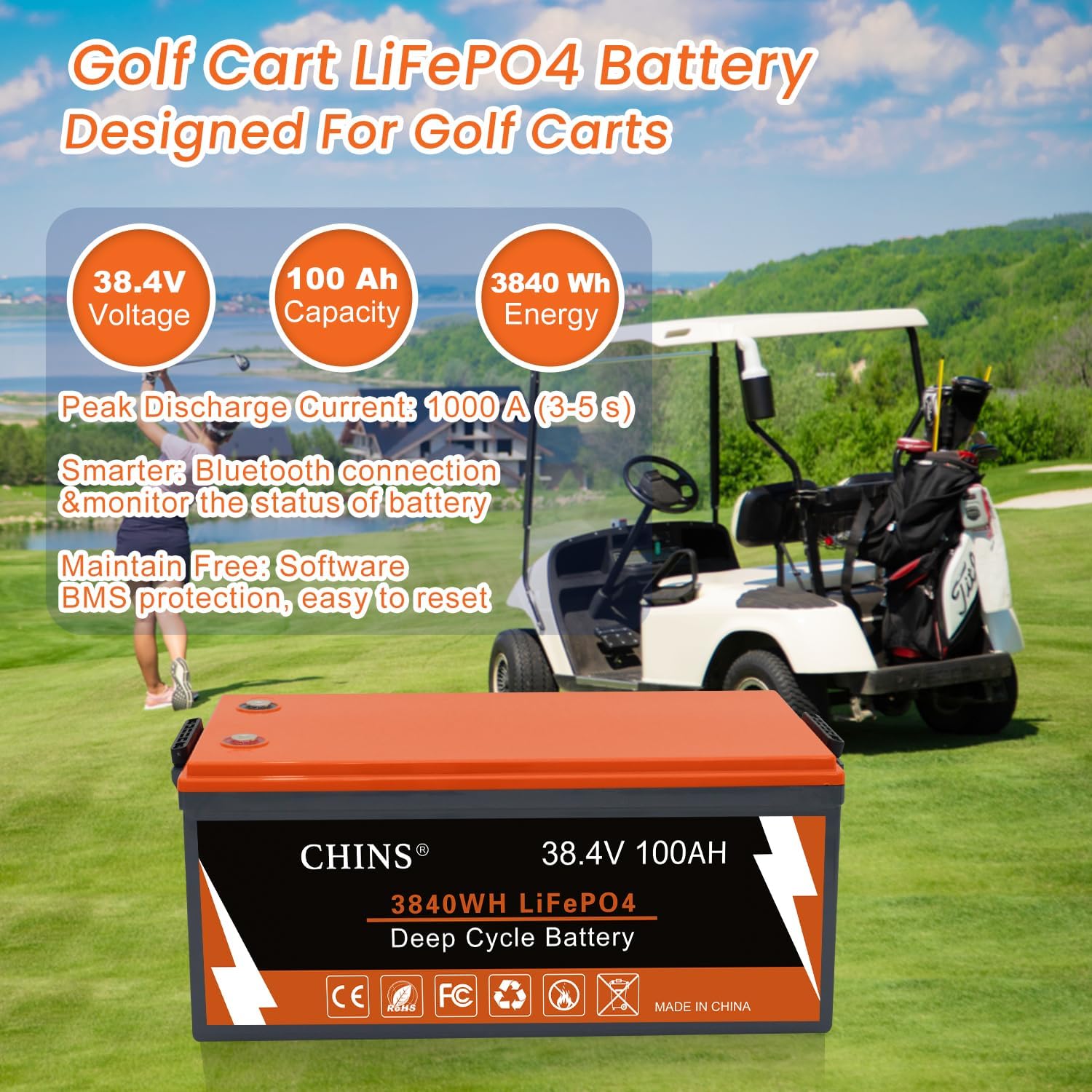 CHINS 36V 100Ah Lithium Golf Cart Battery, Includes 36V 25A Charger, Monitor, Built-in Smart 200A BMS, 36V Lithium Battery Perfect for Golf Cart