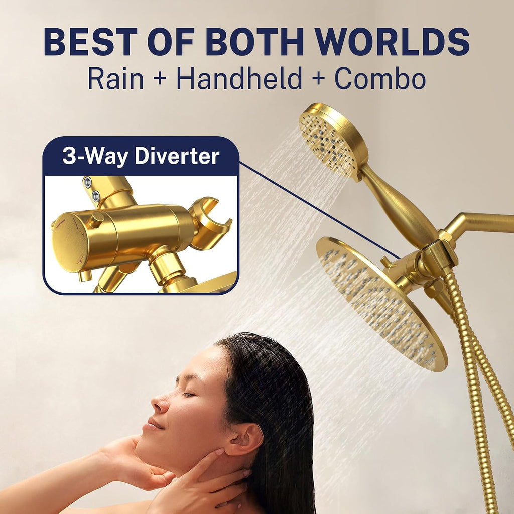 HammerHead Showers® Solid Metal Dual Shower Head Combo – BRUSHED GOLD – 8 Inch Rainfall High Flow Shower Head & 3-Flow Handheld Shower Head High Pressure with Hose 6ft - Luxury Double Shower Heads