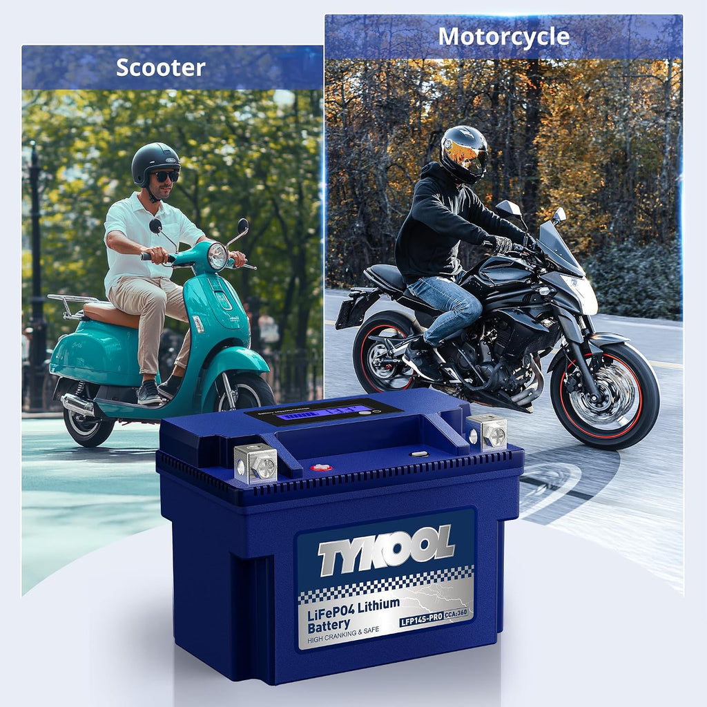 TYKOOL LFP14S-PRO Lithium Motorcycle Battery 360 CCA 6Ah for Honda Africa Twin CRF1000L KTM 1290 Super Adventure Yamaha Bolt V-Star 950 ST1300 FJR1300 | Digital SOC Display IP67 Replaces YTZ14S