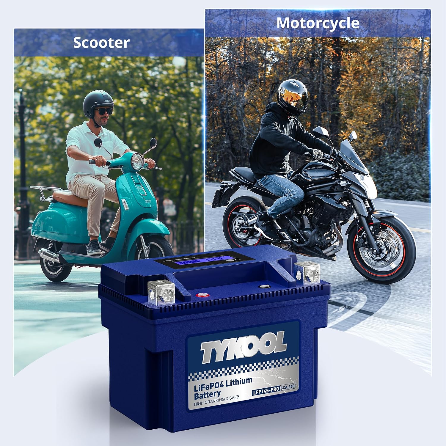 TYKOOL LFP14S-PRO Lithium Motorcycle Battery 360 CCA 6Ah for Honda Africa Twin CRF1000L KTM 1290 Super Adventure Yamaha Bolt V-Star 950 ST1300 FJR1300 | Digital SOC Display IP67 Replaces YTZ14S