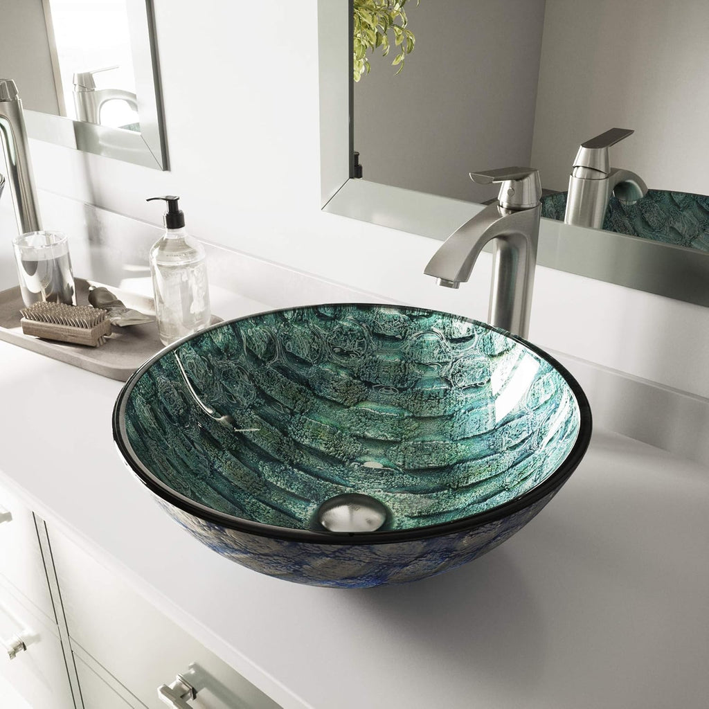 Vigo Vessel Sink Oceania Blue - 17' Artistic Round Bowl Sink for Bathrooms, Tempered Glass Above Counter Bathroom Sink with NonStickShield, QuickDrain & TempGuard, Modern Luxury Design