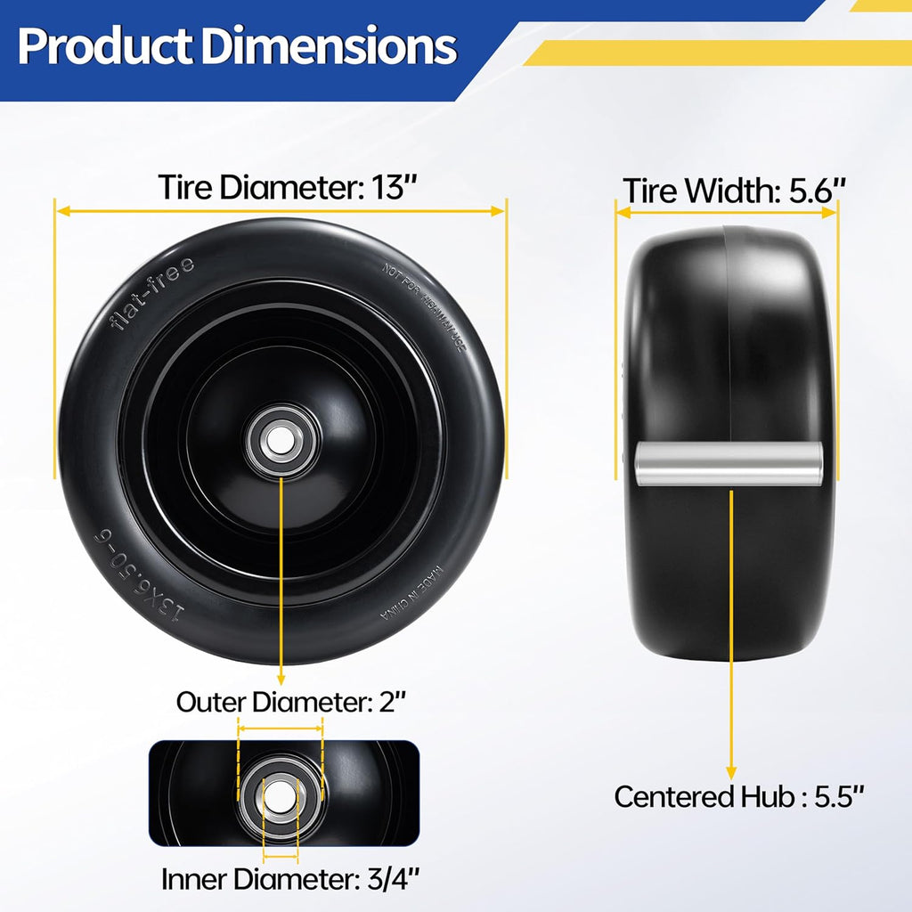2 Pcs 13x6.50-6 Flat Free Lawn Mower Tire and Wheel, with 3/4' Bearings & Extra 1/2' & 5/8' Sleeves, 5.5'-7.88' Centered Hub, 13x6.5-6 Solid Smooth Front Tire for Zero Turn Lawn Mowers, 500lbs Load