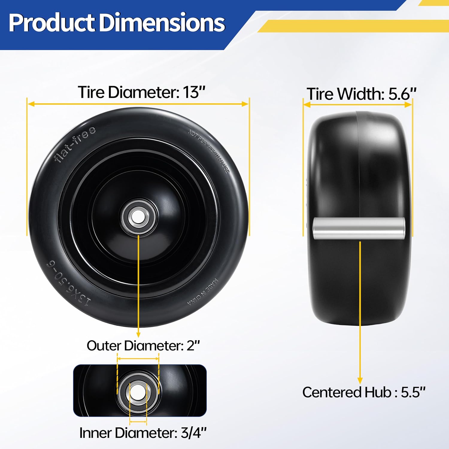 2 Pcs 13x6.50-6 Flat Free Lawn Mower Tire and Wheel, with 3/4' Bearings & Extra 1/2' & 5/8' Sleeves, 5.5'-7.88' Centered Hub, 13x6.5-6 Solid Smooth Front Tire for Zero Turn Lawn Mowers, 500lbs Load