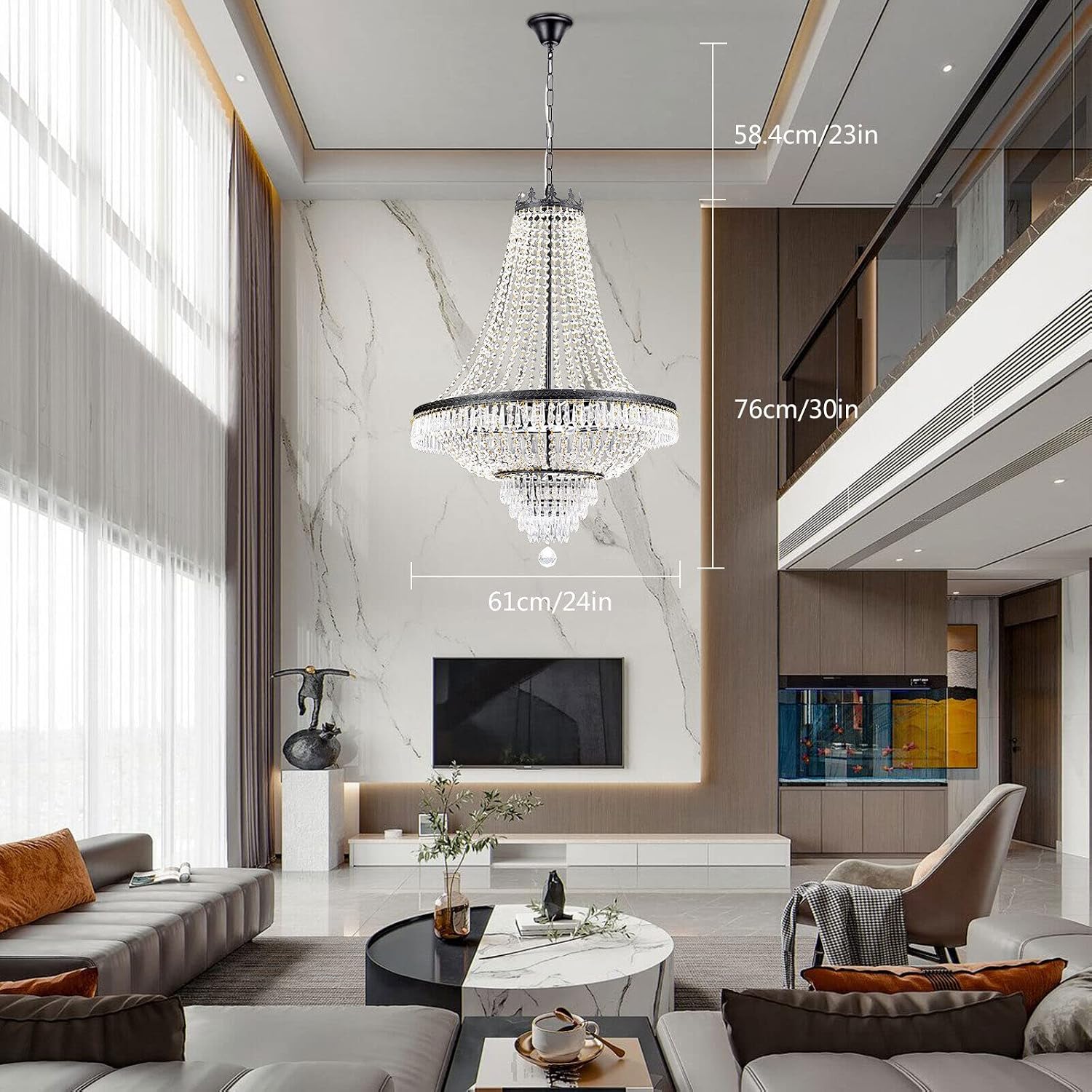 9 Light Modern Crystal Chandelier French Empire Pendant Light D24 x H30inch