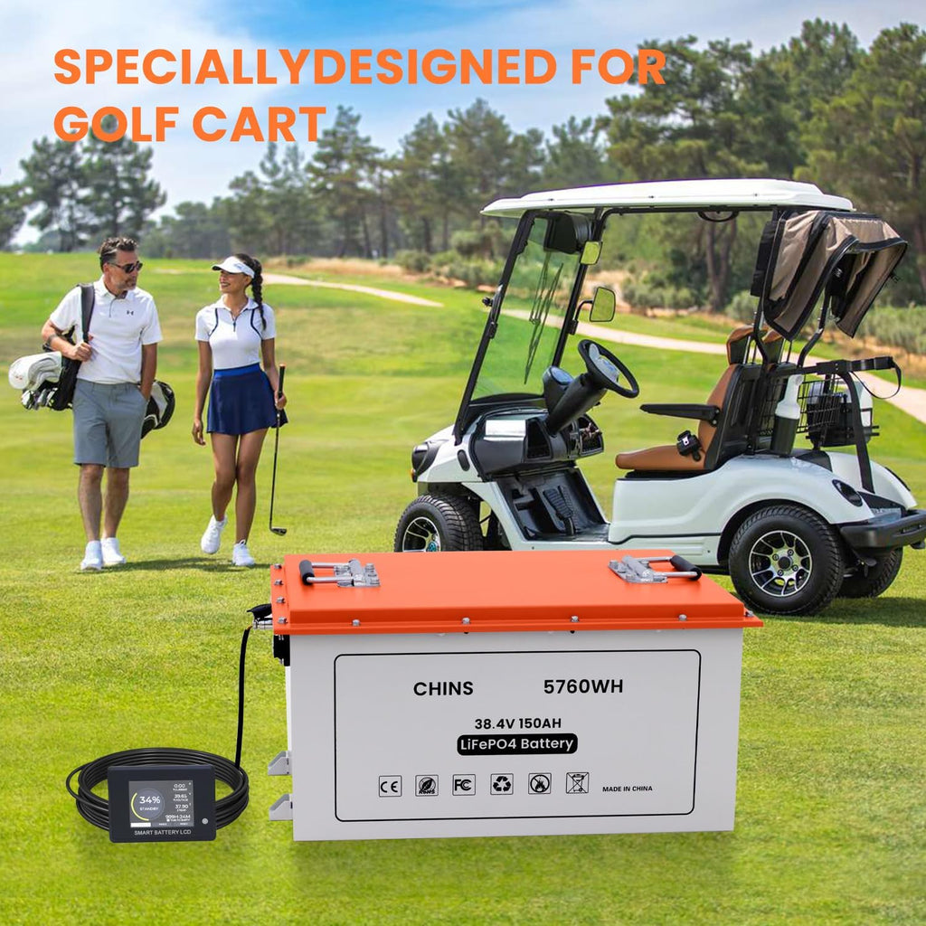 CHINS 36V 150Ah Lithium Golf Cart Battery, Built-in Smart 200A BMS, Includes 36V 25A Charger, 36V Lithium Battery, Max 7.68KW Output 70 Miles Range, Perfect for Golf Cart