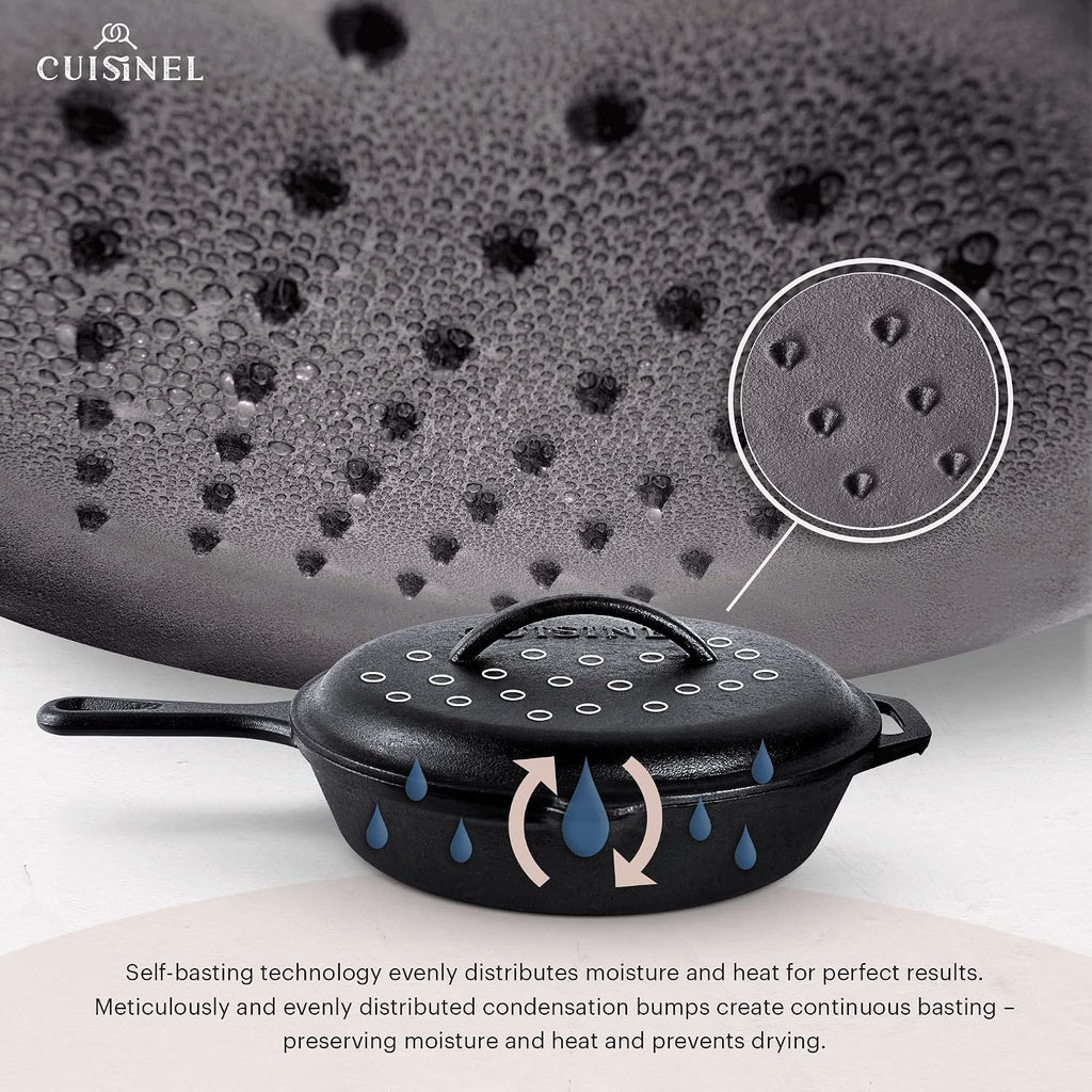 Cuisinel 12' + 10' + 8'-Inch Cast Iron Skillets Set with Braiser Lids + Silicone Handle Grips + Pan Scraper - Indoor/Outdoor Pre-Seasoned Kitchen Cookware - Oven, Fire, Stove Safe