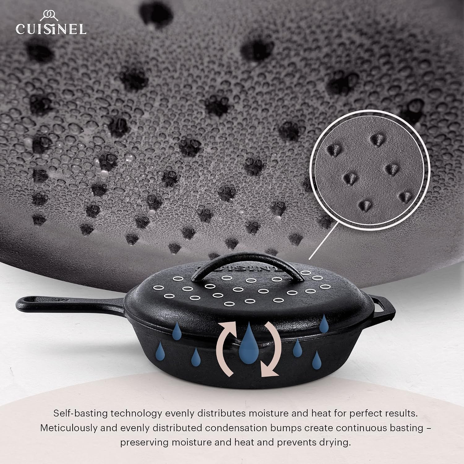 Cuisinel 12' + 10' + 8'-Inch Cast Iron Skillets Set with Braiser Lids + Silicone Handle Grips + Pan Scraper - Indoor/Outdoor Pre-Seasoned Kitchen Cookware - Oven, Fire, Stove Safe