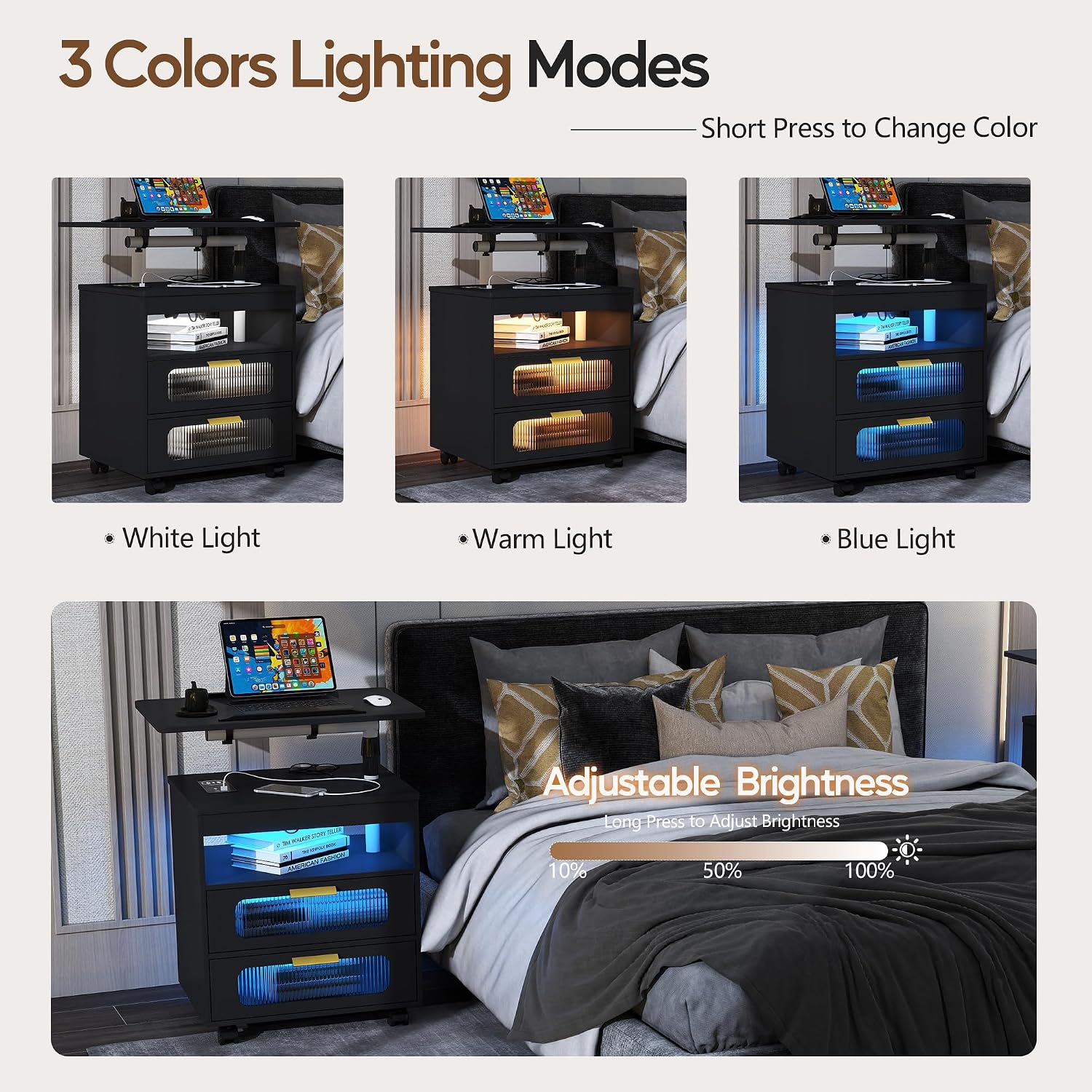 Height Adjustable Nightstand with Charging Station - Swivel Top Bedside Table with LED Lights, Auto Sensor Smart End Table, Dorm Rolling Side Table Laptop Workstaion with Wheels for Bedroom (Black)