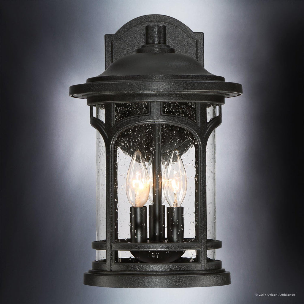 Urban Ambiance Luxury Rustic Outdoor Wall Light, Medium Size: 14.5' H x 9' W, with Colonial Style Elements, Wrought Iron Design, High-End Black Silk Finish and Seeded Glass, UQL1102