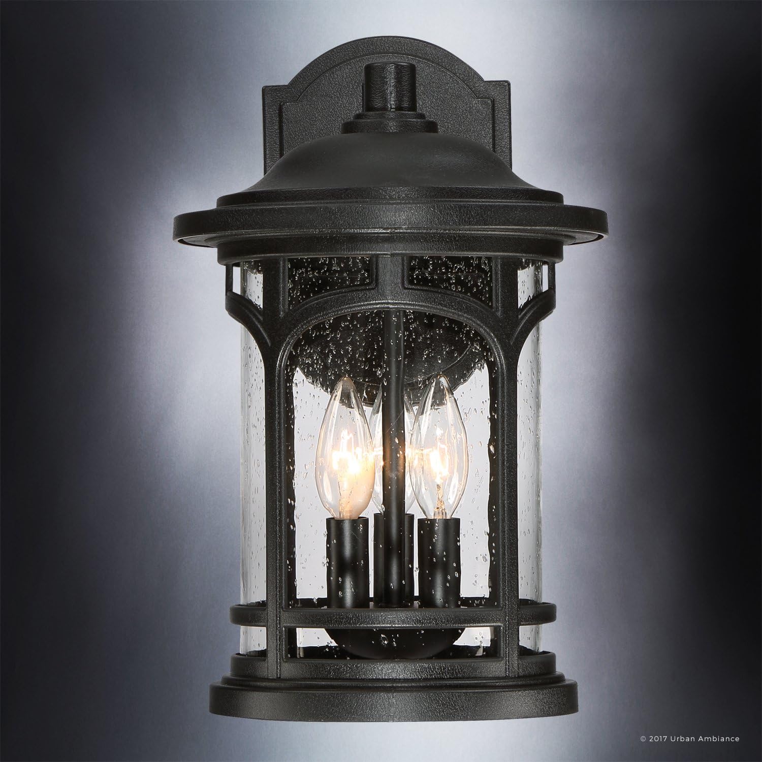Urban Ambiance Luxury Rustic Outdoor Wall Light, Medium Size: 14.5' H x 9' W, with Colonial Style Elements, Wrought Iron Design, High-End Black Silk Finish and Seeded Glass, UQL1102