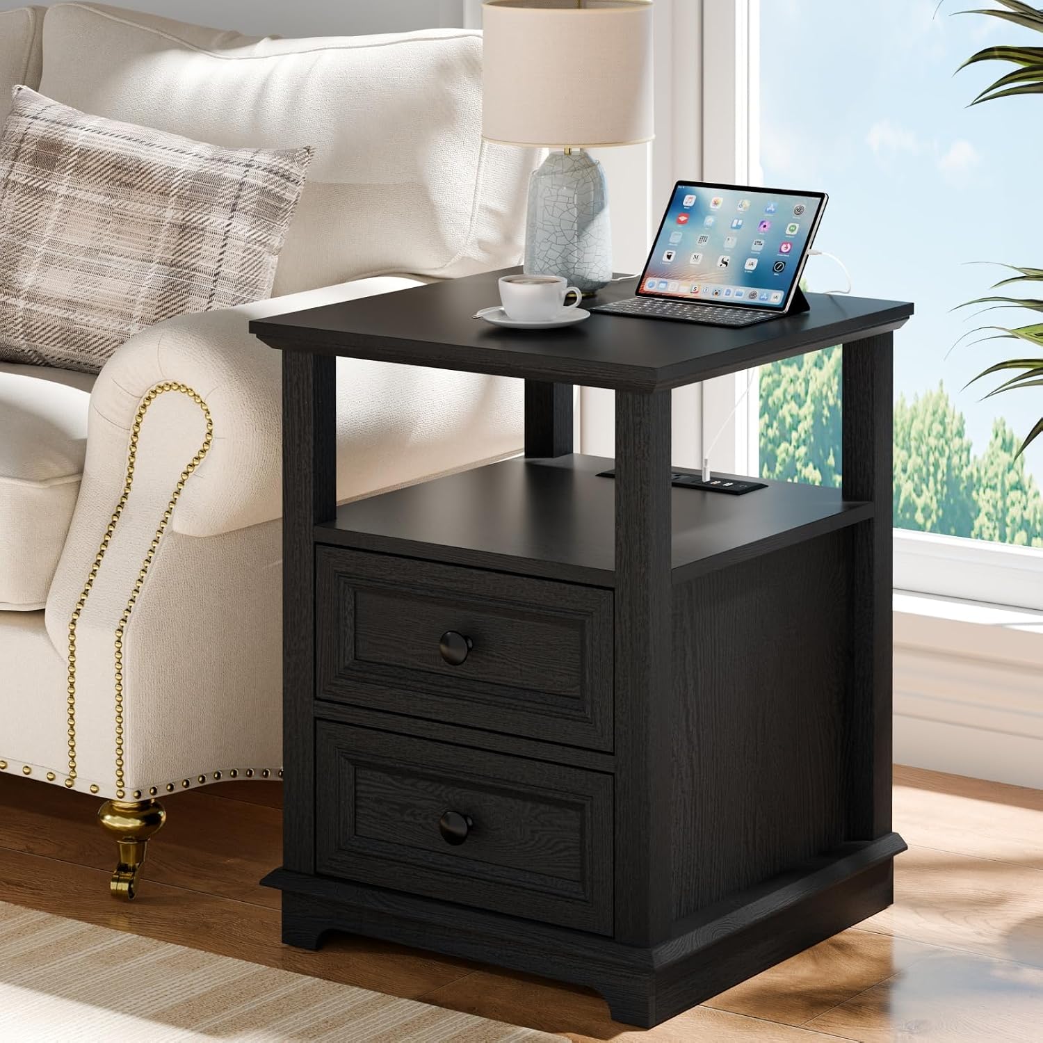 REDAYFUR End Table with Fast USB C Charging Station,18' Wide Sofa Side Table with 2 Drawers, Large Storage Rustic Wood Square Storage Cabinet for Living Room, Bedroom, Office, Black