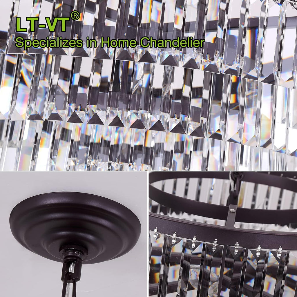 31' Black Crystal Chandelier, Modern 6-Tier Ceiling Light with Clear Crystal Prisms, Luxury Pendant Lighting for Dining Room Entryway