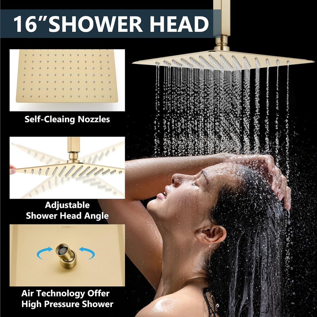 Aolemi Shower Faucet Set Ceiling Mount Shower System Rough-in Valve and Shower Trim Kit 2 in 1 Handheld Spray Push Button Diverter 16 and 6 Inch Dual Shower Head Brushed Gold