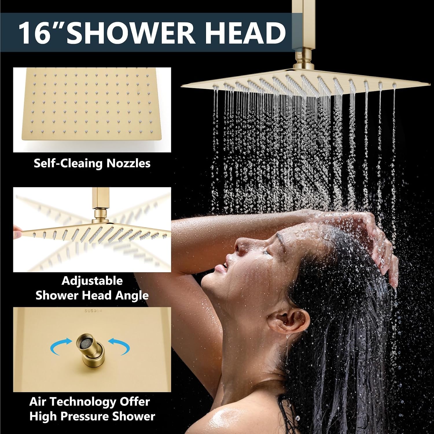 Aolemi Shower Faucet Set Ceiling Mount Shower System Rough-in Valve and Shower Trim Kit 2 in 1 Handheld Spray Push Button Diverter 16 and 6 Inch Dual Shower Head Brushed Gold
