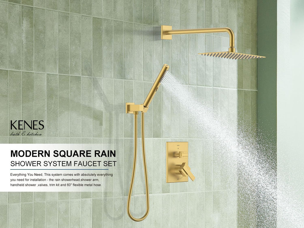 KENES Brushed Gold Rainfall Bathroom Shower System Rain Shower Head and Handle Set, Shower Faucet Set with 10-Inch Rain Showerhead and Handheld Spray, (Shower Valve Included), LJ-6026A-4
