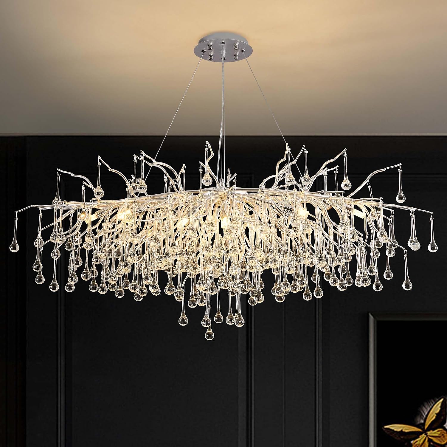Modern Crystal Raindrop Chandelier, L40'' Silver Linear Rectangle Art Deco Tree Branch Lighting Fixture for Kitchen Island Living Room Foyer Staircase 10 Lights