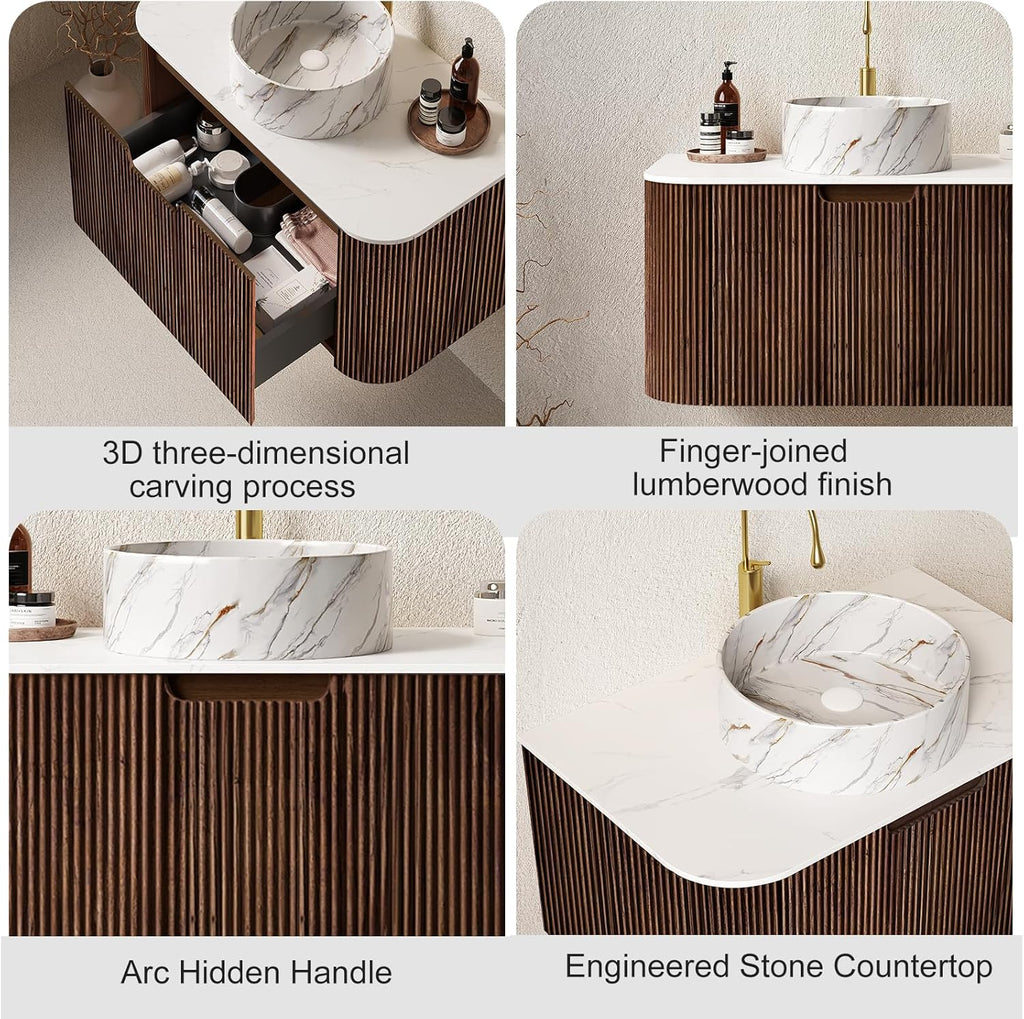 24' Floating Bathroom Vanity with Sink, Modern Wall-Mount Storage Cabinet with Ultra-Thin Ceramic Basin and Marble Top, Large Storage Drawer, Soft-Close Design, Pre-Assembled, Dark Walnut