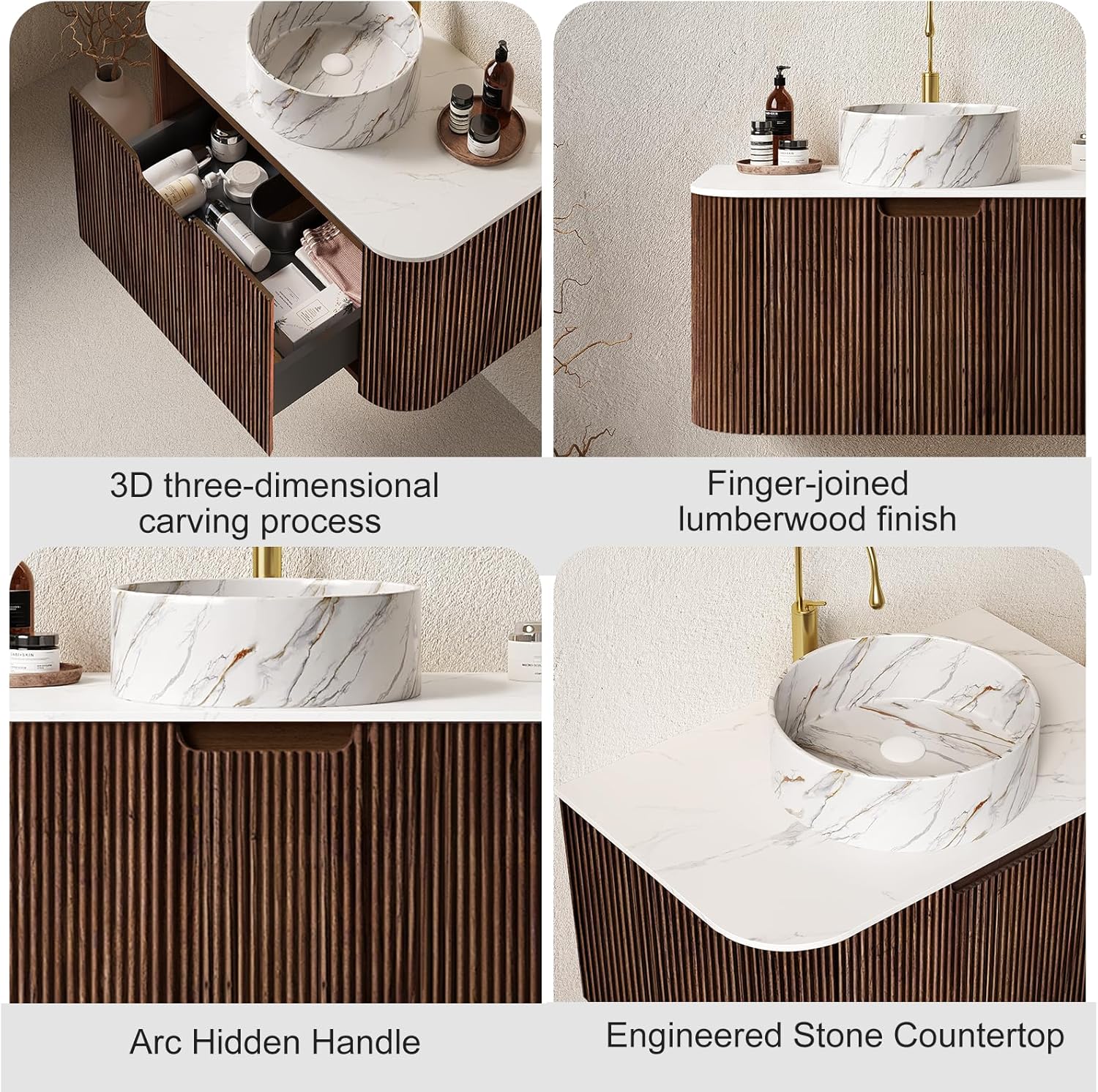 24' Floating Bathroom Vanity with Sink, Modern Wall-Mount Storage Cabinet with Ultra-Thin Ceramic Basin and Marble Top, Large Storage Drawer, Soft-Close Design, Pre-Assembled, Dark Walnut
