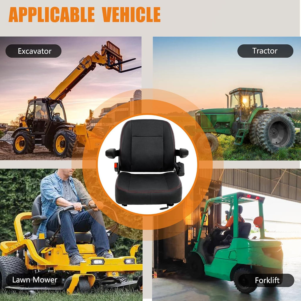 Universal Forklift Seat,Riding Lawn Mower Seat with Armrest,Tractor Seat with Micro Switch and Safety Belt,Storage Pouch on The Back for Mower Excavator Skid Loader Backhoe Dozer Telehandler