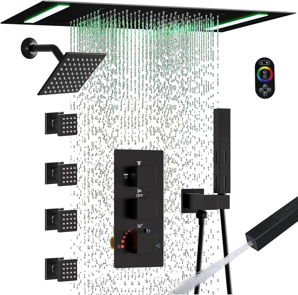 Dual Heads Thermostatic Shower Faucets Set Matte Black Shower System, 4-Way Shower Fixture 14X20' LED Rainfall Shower Head with 6' Wall Mount Showerhead and Dual-mode Handheld, 4 Jets with Shut-Off