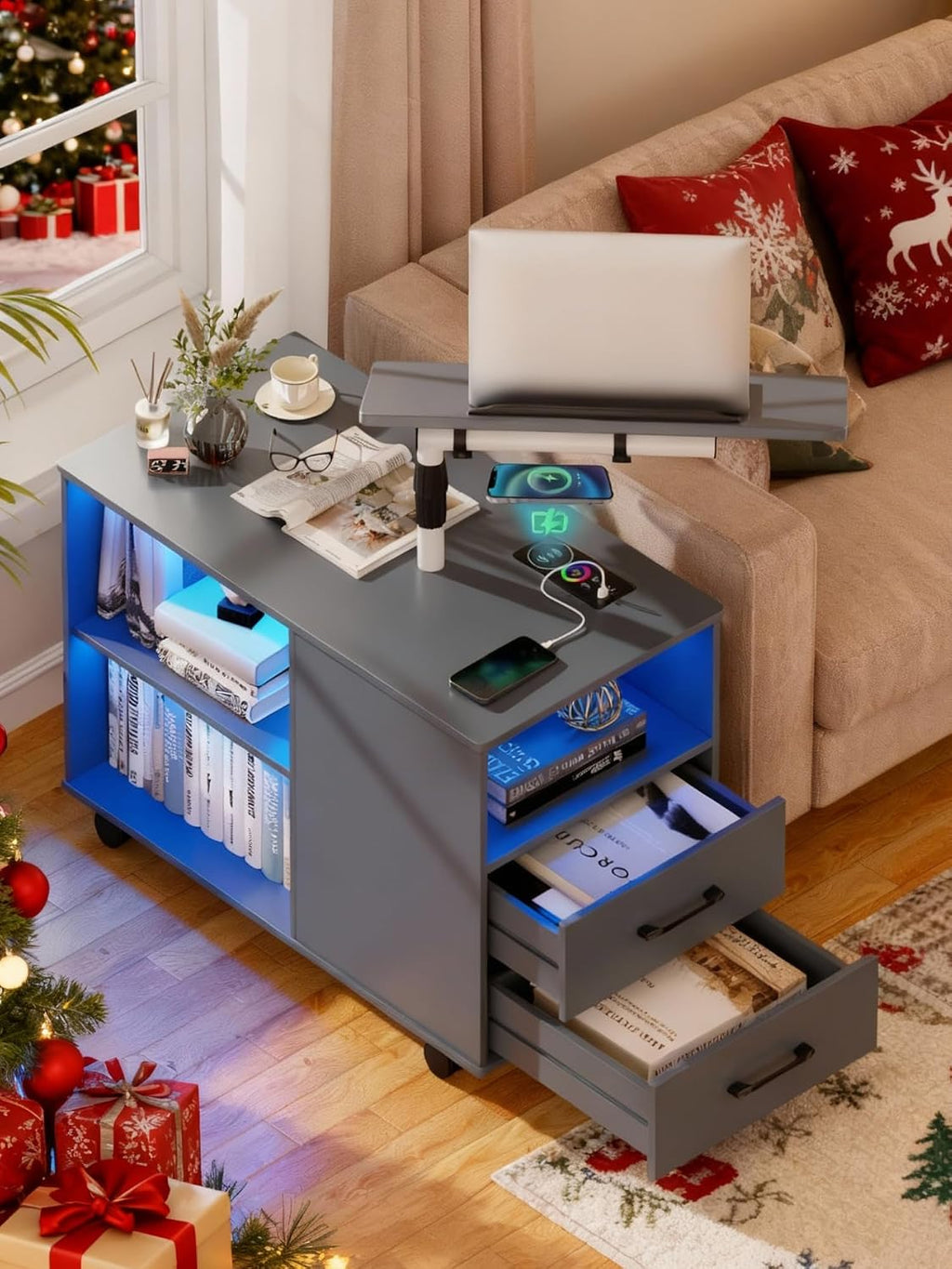 Smart Night Stand with 360° Laptop Tray, RGB Nightstand with Charging Station,Modern Bedside Table with 24-Color Human Sensor Lights,Large End Table w/ 2 Drawers,3 Shelves,5 Wheels,Grey