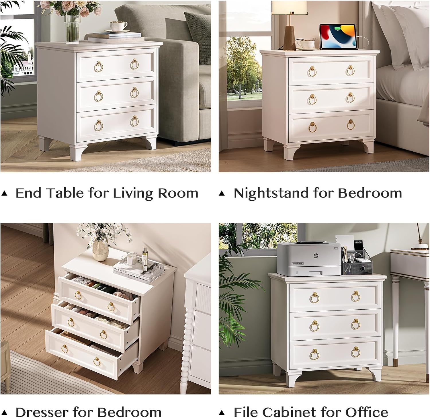 JOINICE White Night Stand with Charging Station, Modern Nightstand with 3 Drawer Storage, Large Bedside Table with Wide Desktop, 24'' Tall Sofa End Table for Bedroom, Home Office, White