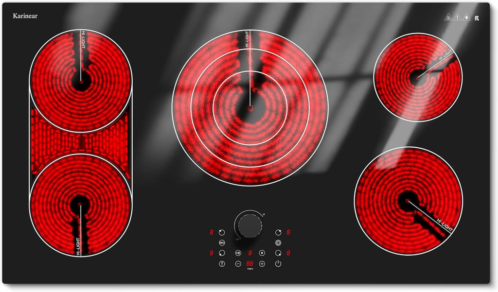 Karinear 36 Inch Electric Cooktop with Magnetic Knob, Bridge BBQ, 5 Burner Radiant Stove Top, 9600W 240V Built-in Hob, 9 Heat Levels, 99-Min Timer, Child Lock, Pause