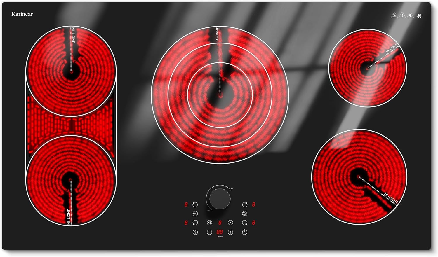 Karinear 36 Inch Electric Cooktop with Magnetic Knob, Bridge BBQ, 5 Burner Radiant Stove Top, 9600W 240V Built-in Hob, 9 Heat Levels, 99-Min Timer, Child Lock, Pause