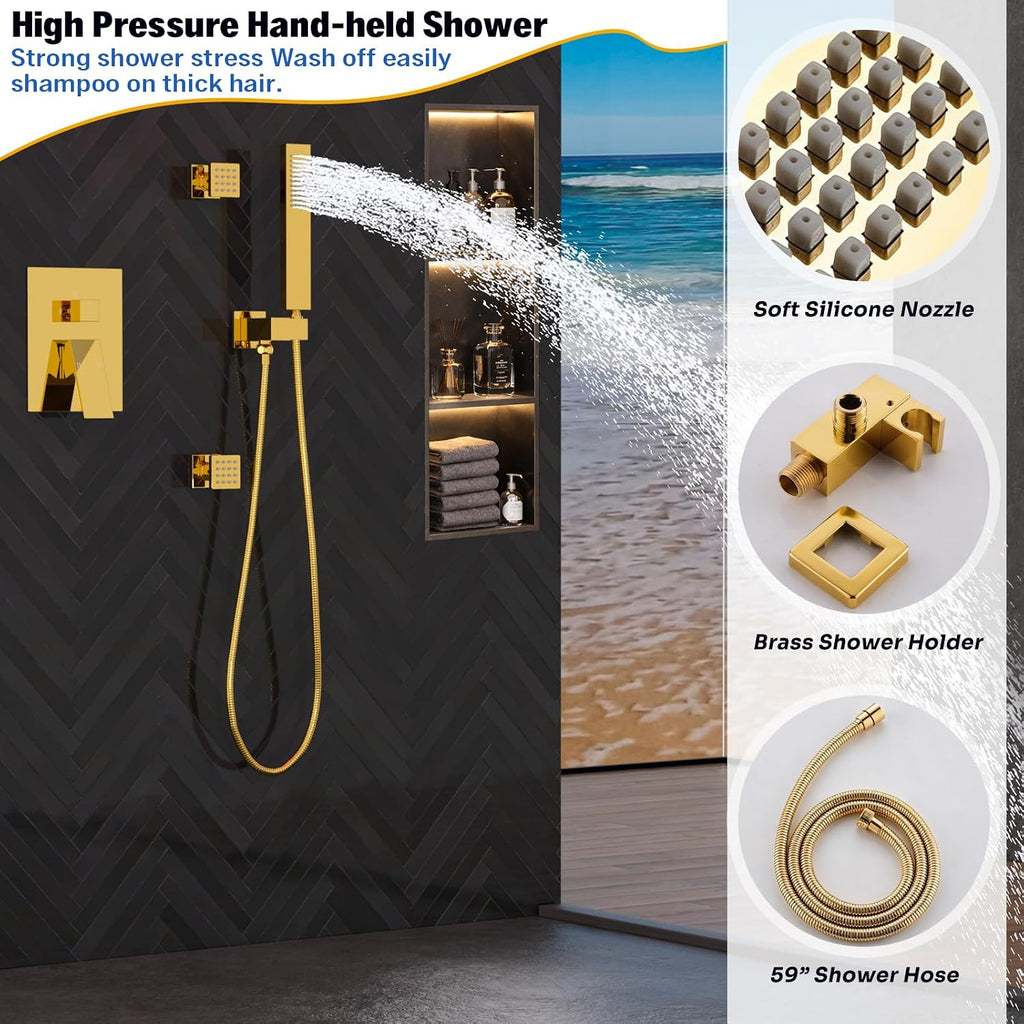 ENGA Bright Gold Dual Rain LED Shower System, 14'x20' Shower Head + 6' Wall Shower, 4 Body Jets with Individual On/Off & Adjustable Water Pressure, Rainfall Shower Faucet Set