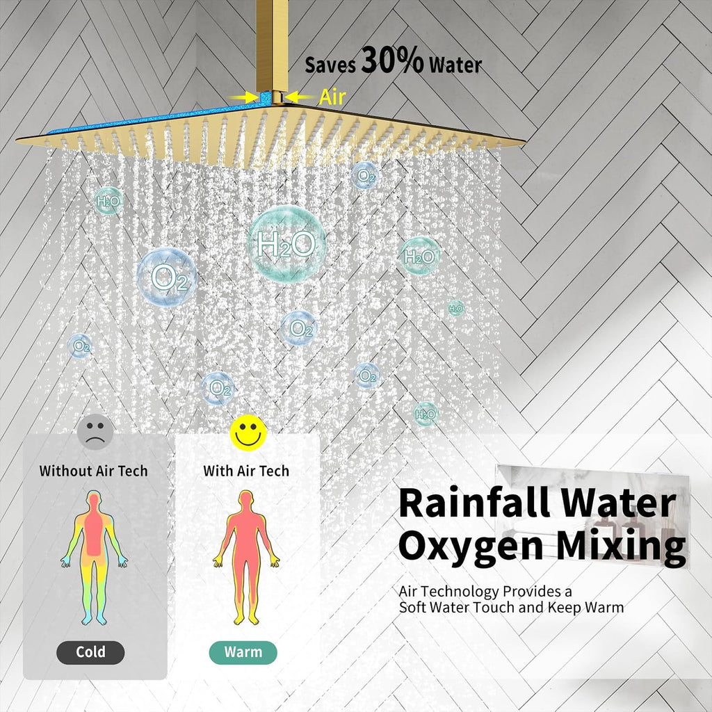 SR SUN RISE 16 Inch Ceiling Mounted Shower System Rain Mixer Shower Combo Set Rainfall Shower Head System Brushed Gold Shower Faucet Rough-in Valve Body and Trim Included