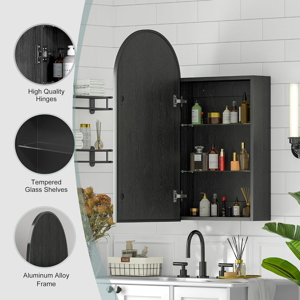 Arched Medicine Cabinet with Mirror, Brushed Black Wall Mounted Bathroom Mirror Cabinet, 3 Adjustable Shelves Storage, Reversible Door Opens Left to Right, Modern Metal Frame, 16 x 30 Inch