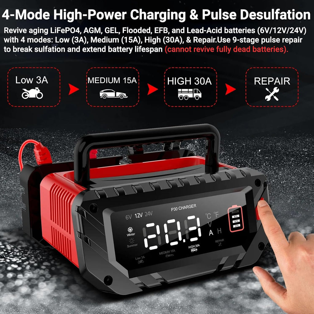 Smart 6V/ 12V/ 24V 30A Battery Charger & Maintainer with Pulse Repair – 4-Mode LiFePO4/AGM/Lead-Acid Charger for Cars, Marine, Trucks, RVs, Lawn Mowers, US Plug