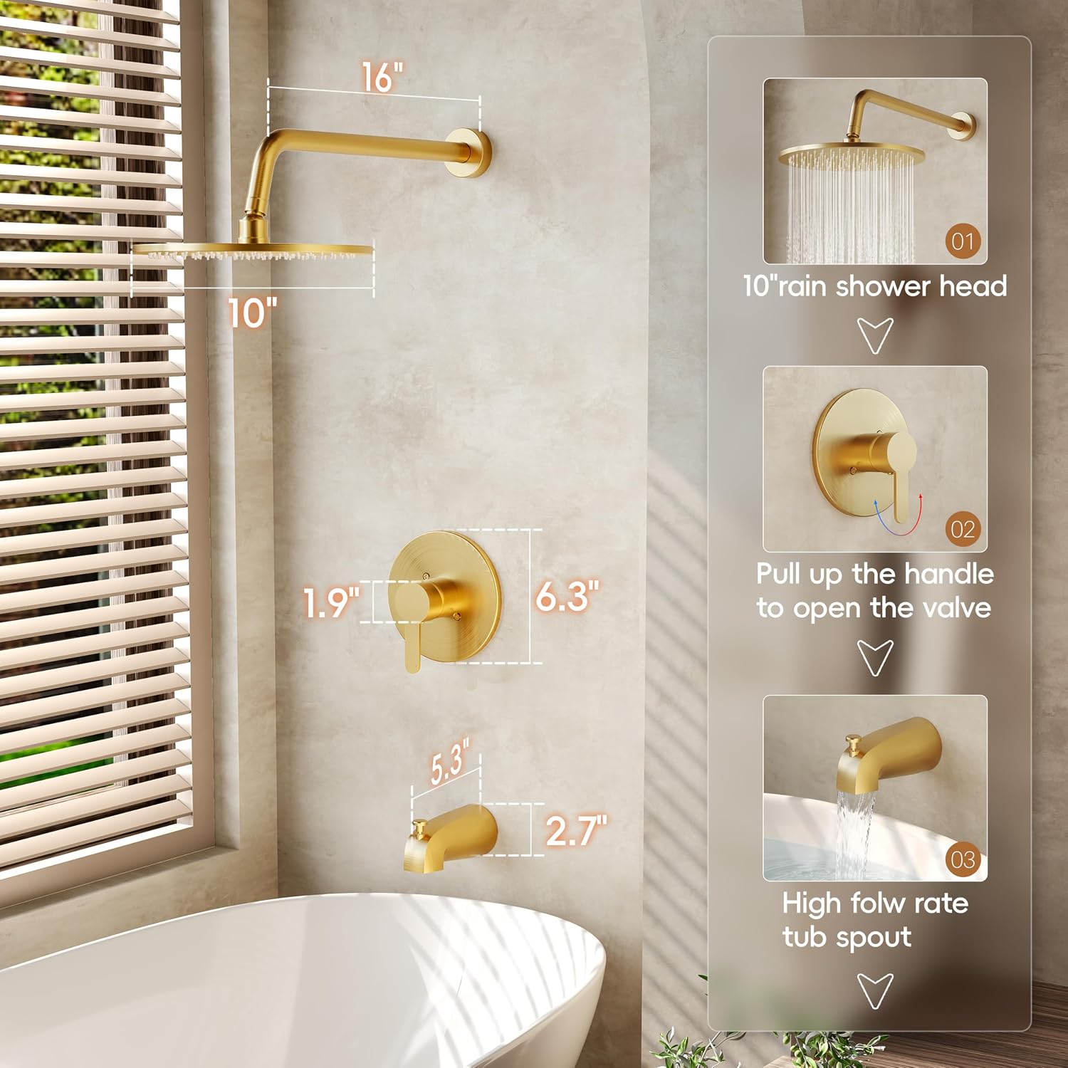 Tub Shower Faucet Set, Tub and Shower Trim Kit with 10 Inch High-Pressure Rian Shower Head,Shower Head and Handle Set, Brushed Gold