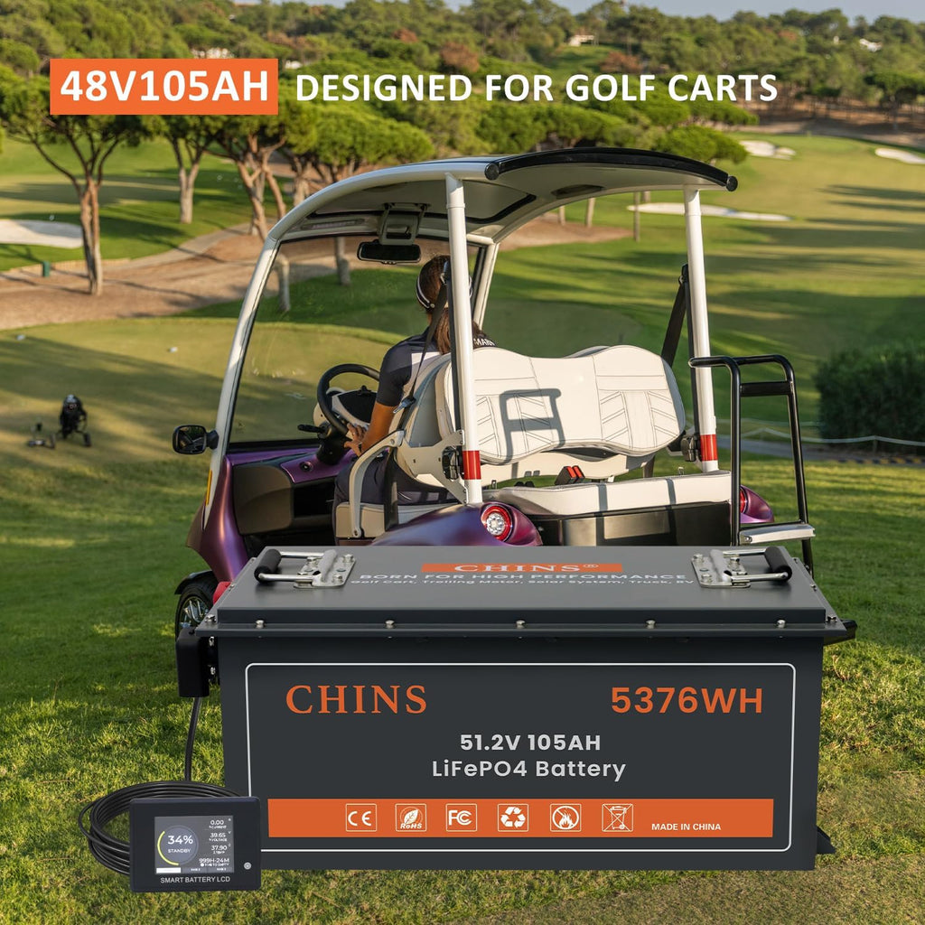 48V Golf Cart Battery 105AH with Touch Monitor & Mobile APP, 48V Lithium Battery Golf Cart with 48V 18A Charger, 200A BMS - 1000A Peak Current, 5000+ Cycles