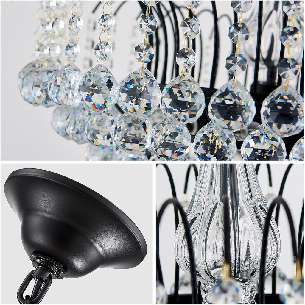 WUZUPS Crystal Chandelier Pendant Flushmount Ceiling Light Modern Lighting Fixture for Bedroom Hallway Bar Kitchen Bathroom, H 17.3' x W 18.9', Black, E12 Base