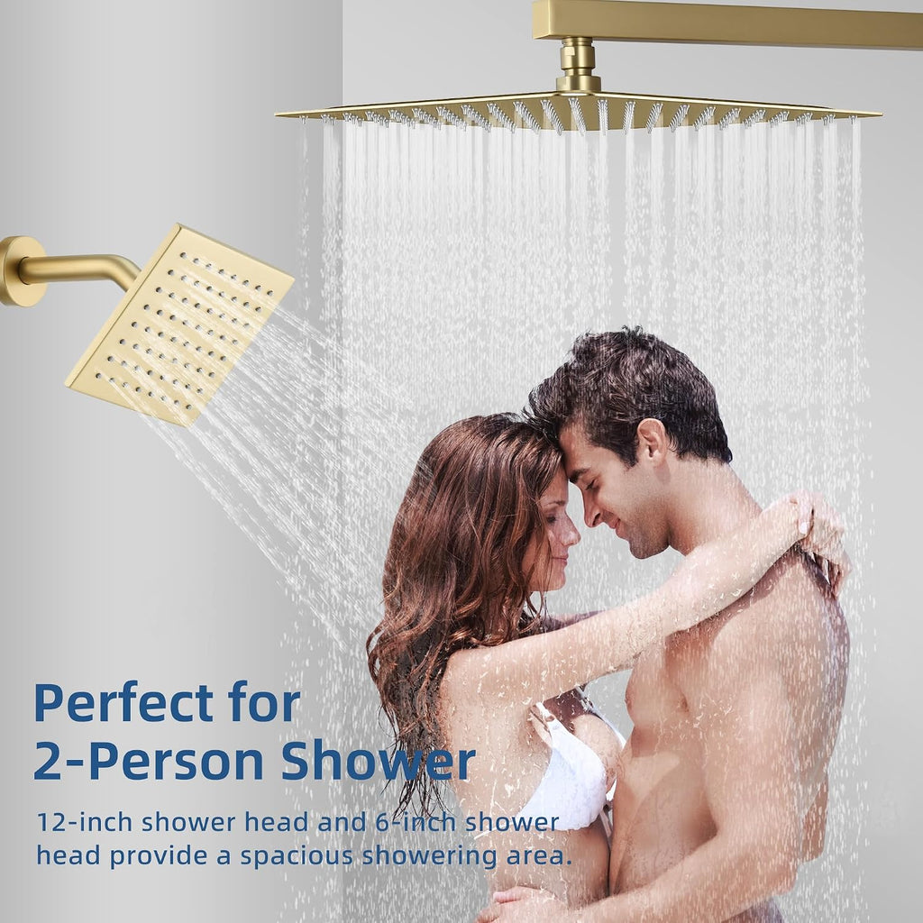 Thermostatic Dual Shower Heads System with Wall Mount 12-Inch Rainfall Shower & 6-Inch Shower Head, Brushed Gold Bathroom Shower Faucet Set with High Pressure Handheld Sprayer