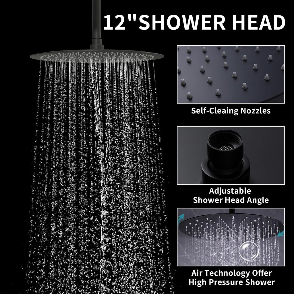 Shower Faucet Set Matte Black Shower System Temperature Display Diverter Shower Valve and 2 in 1 Handheld with Slide Bar, 12 Inch Ceiling Shower Head with 8 Inch Wall Mount Shower Head