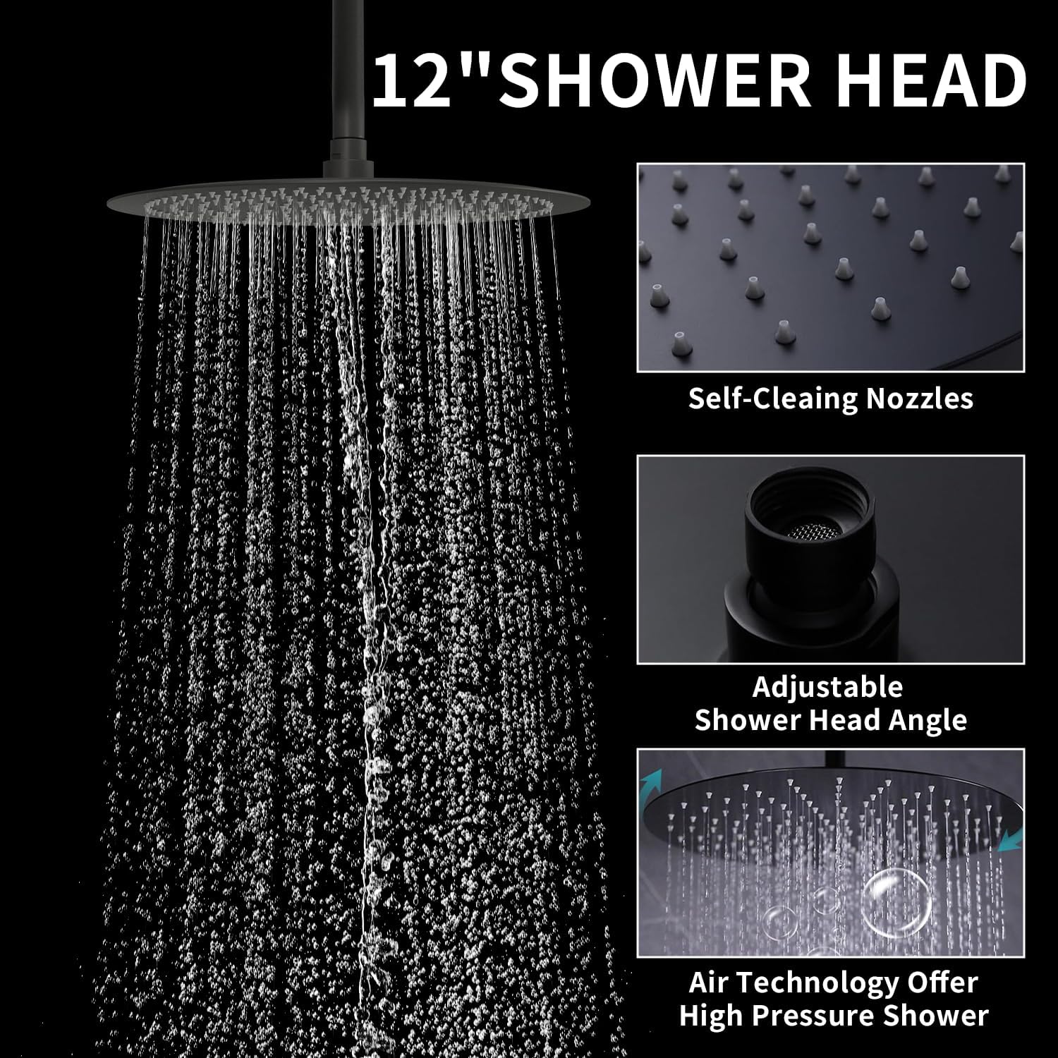 Shower Faucet Set Matte Black Shower System Temperature Display Diverter Shower Valve and 2 in 1 Handheld with Slide Bar, 12 Inch Ceiling Shower Head with 8 Inch Wall Mount Shower Head